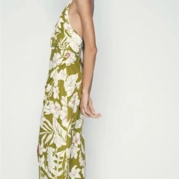 Zara Olive Green Floral Tie Halter Dress size Large - Picture 3 of 8